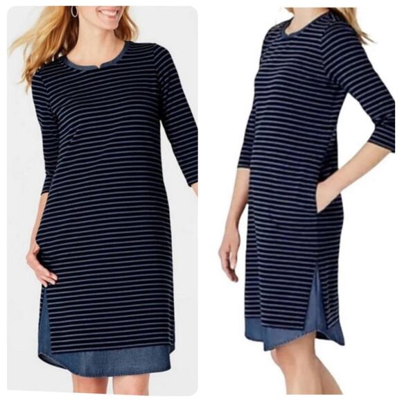 J. Jill Women's Navy Blue Striped Chambray Denim Dress women’s Plus Size 1X - Picture 1 of 13